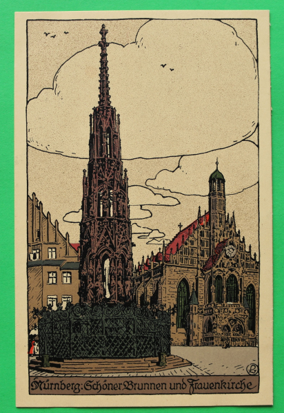 AK Nürnberg / 1910-20 / Litho / Schöner Brunnen Frauenkirche / Künstler Steinzeichnung Stein-Zeichnung / Monogramm L